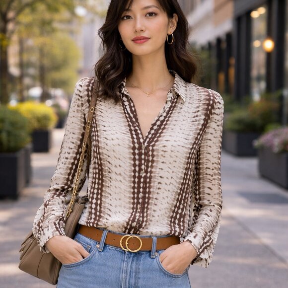 L'AGENCE Tops - L’Agence Holly Ikat Print Blouse Viscose Button Shirt XXS NWT